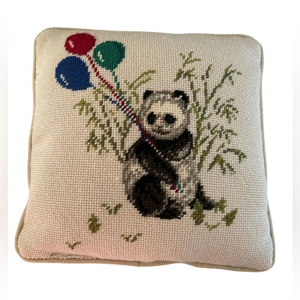 Needlepoint Wool Pillow with Panda Holding Balloons with Velvety Back 11